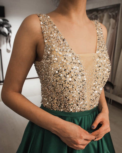 Luxurious Sequin Beaded V Neck Long Satin Prom Dresses