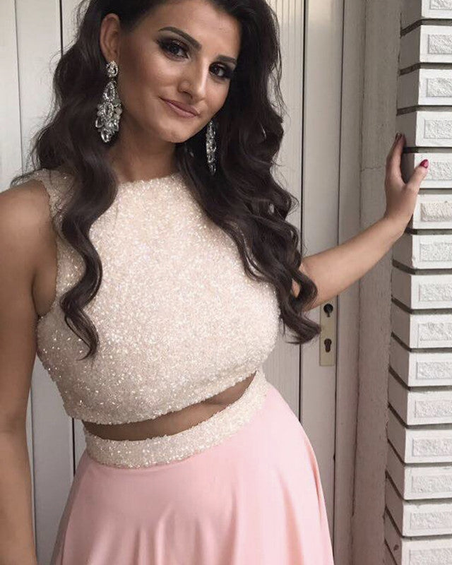 Luxury Sequins Top Long Chiffon Prom Dresses Two Piece