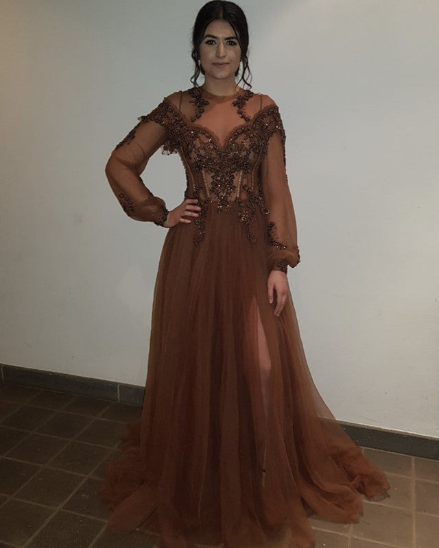 Sheer Long Sleeves Tulle Evening Dresses Leg Split Prom Gowns