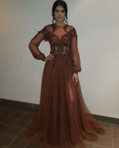 Sheer Long Sleeves Tulle Evening Dresses Leg Split Prom Gowns