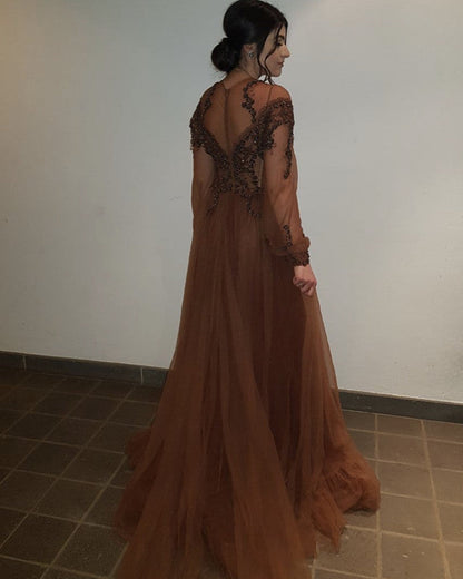 Sheer Long Sleeves Tulle Evening Dresses Leg Split Prom Gowns