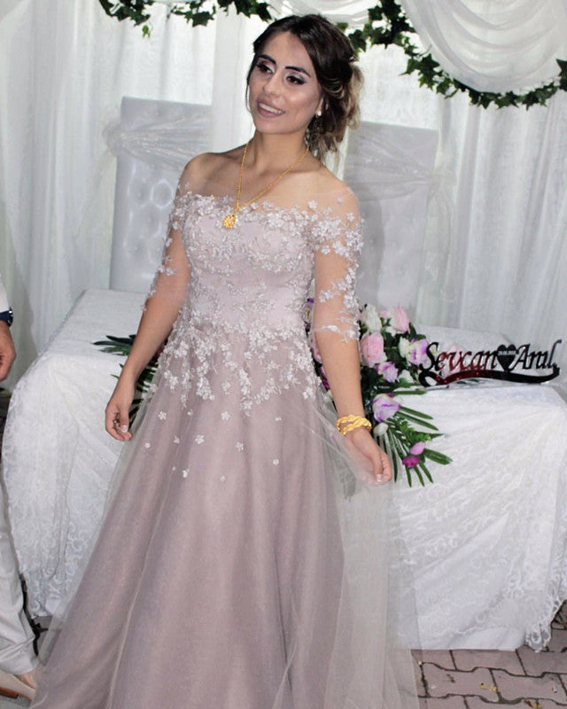 Modest Lace Appliques Tulle Evening Prom Dresses With Sleeves
