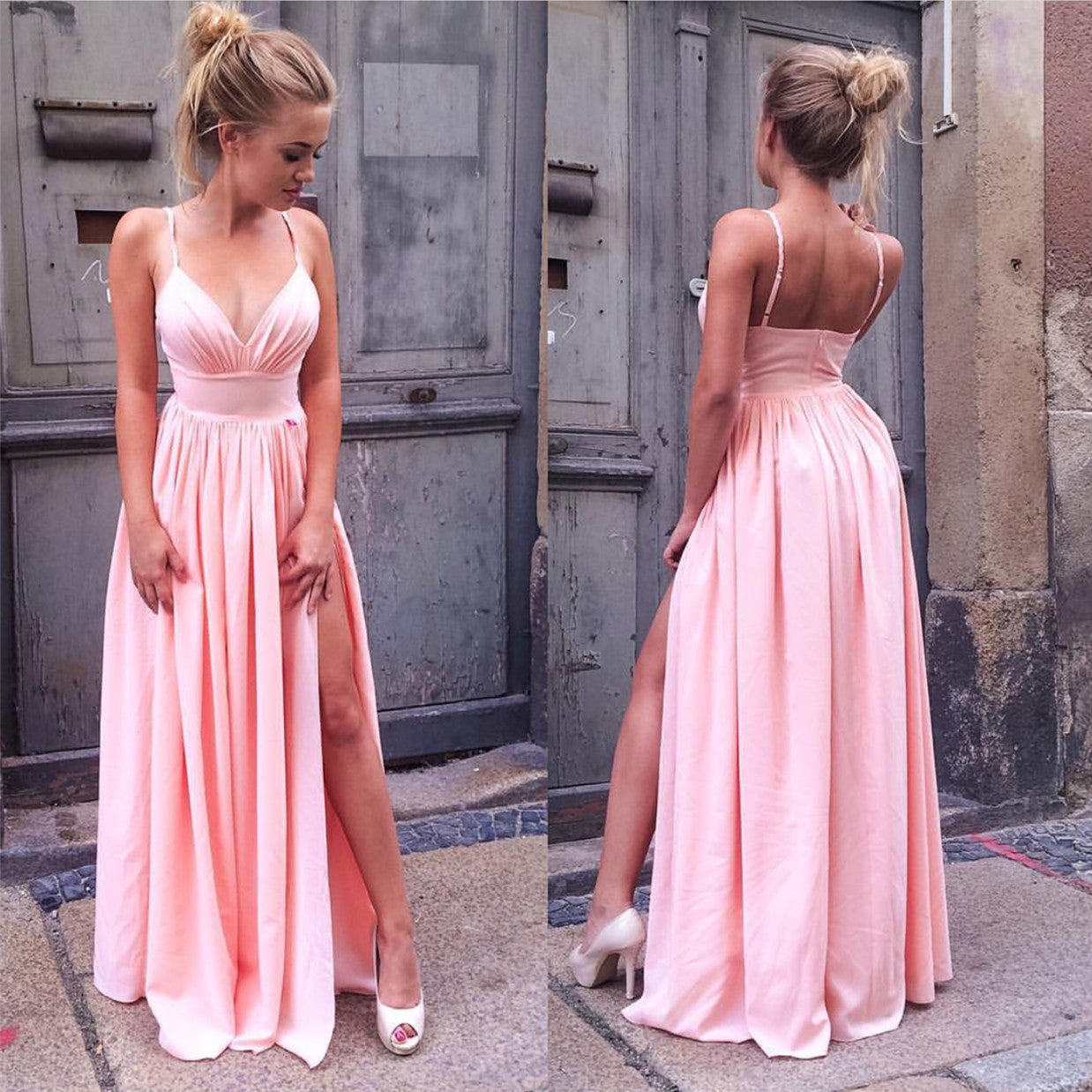 Sexy V-neck Long Pink Satin Prom Dresses With Leg Split