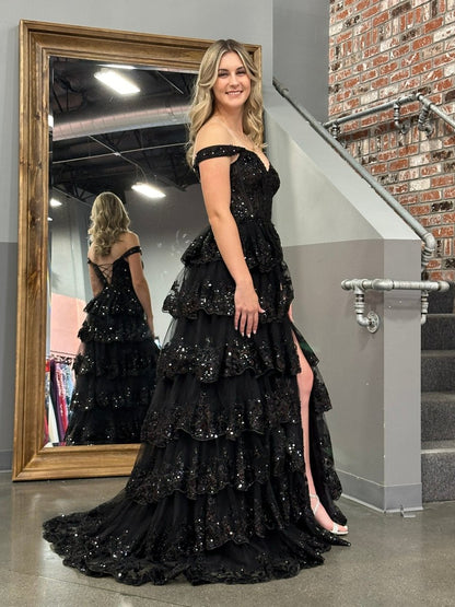 Princess A Line Off the Shoulder Corset Prom Dress with Lace Ruffles