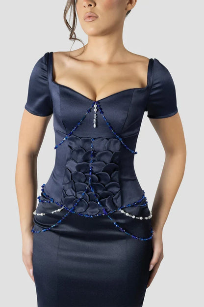 Vintage Dark Blue Mermaid Design Valentine Couture Satin Short-sleeved Prom Dress Evening Dress HZ1024