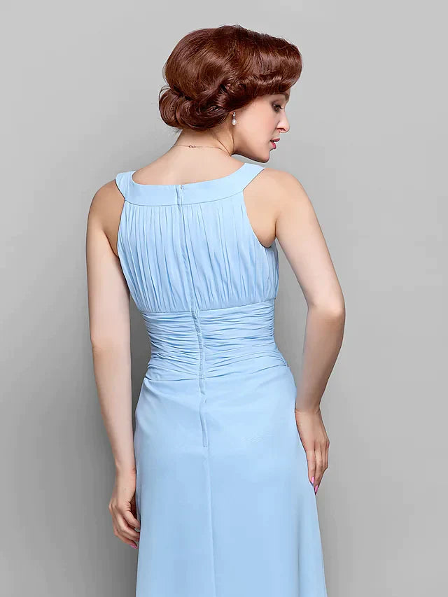 Mother of the Bride Dress Elegant Straps Tea Length Chiffon Sleeveless with Ruched Draping
