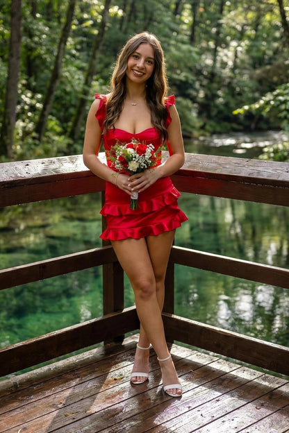 Red Straps Sweetheart Sleeveless Bodycon Ruffles Satin Short Homecoming Dress