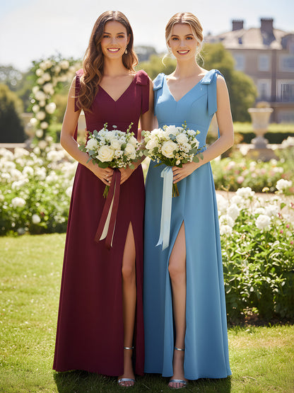 Bowed Flat Strap Chiffon Maxi with Front Slit-Dark Green