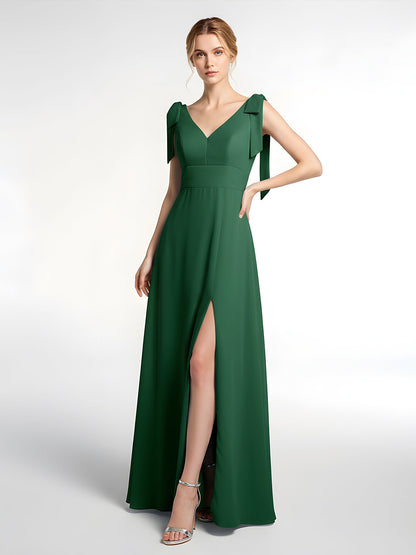 Bowed Flat Strap Chiffon Maxi with Front Slit-Dark Green