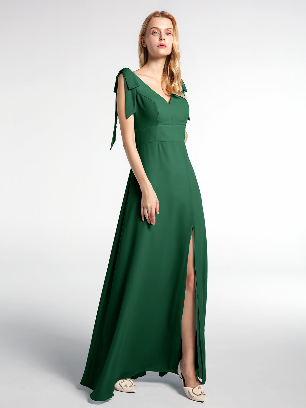 Bowed Flat Strap Chiffon Maxi with Front Slit-Dark Green