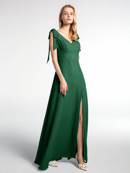 Bowed Flat Strap Chiffon Maxi with Front Slit-Dark Green