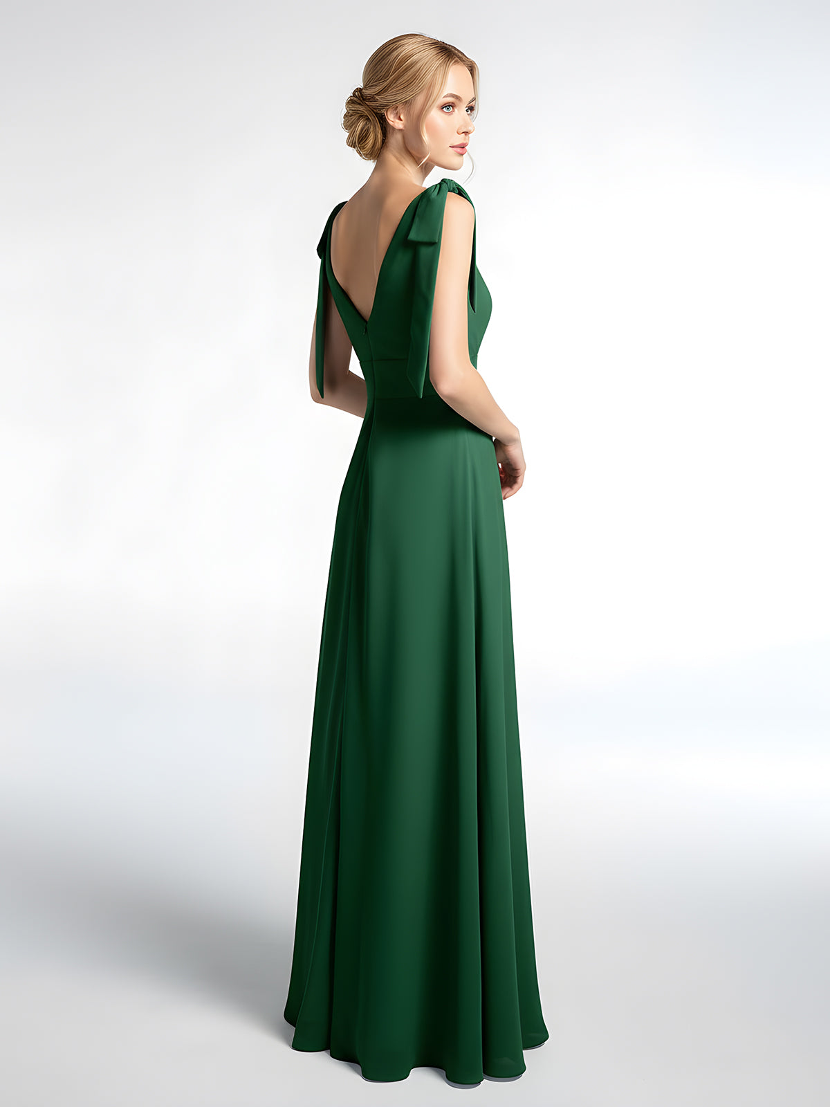Bowed Flat Strap Chiffon Maxi with Front Slit-Dark Green