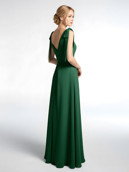 Bowed Flat Strap Chiffon Maxi with Front Slit-Dark Green