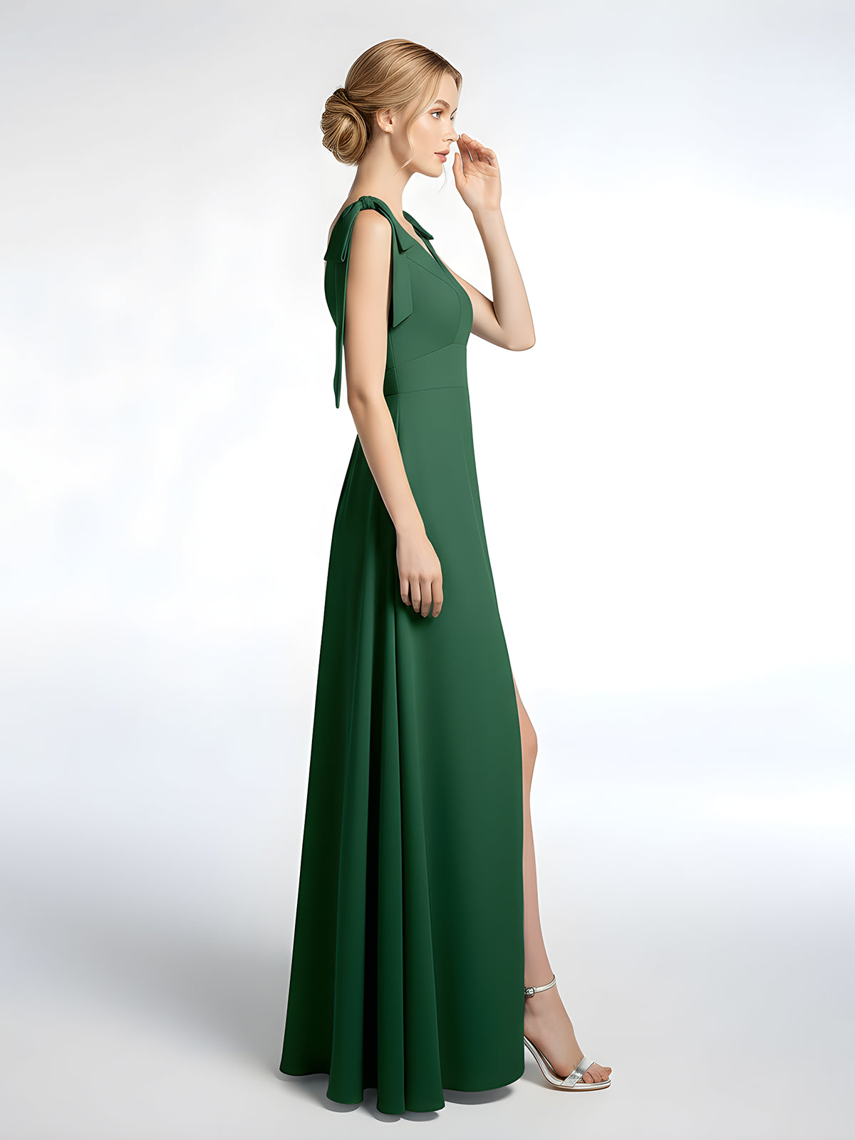 Bowed Flat Strap Chiffon Maxi with Front Slit-Dark Green