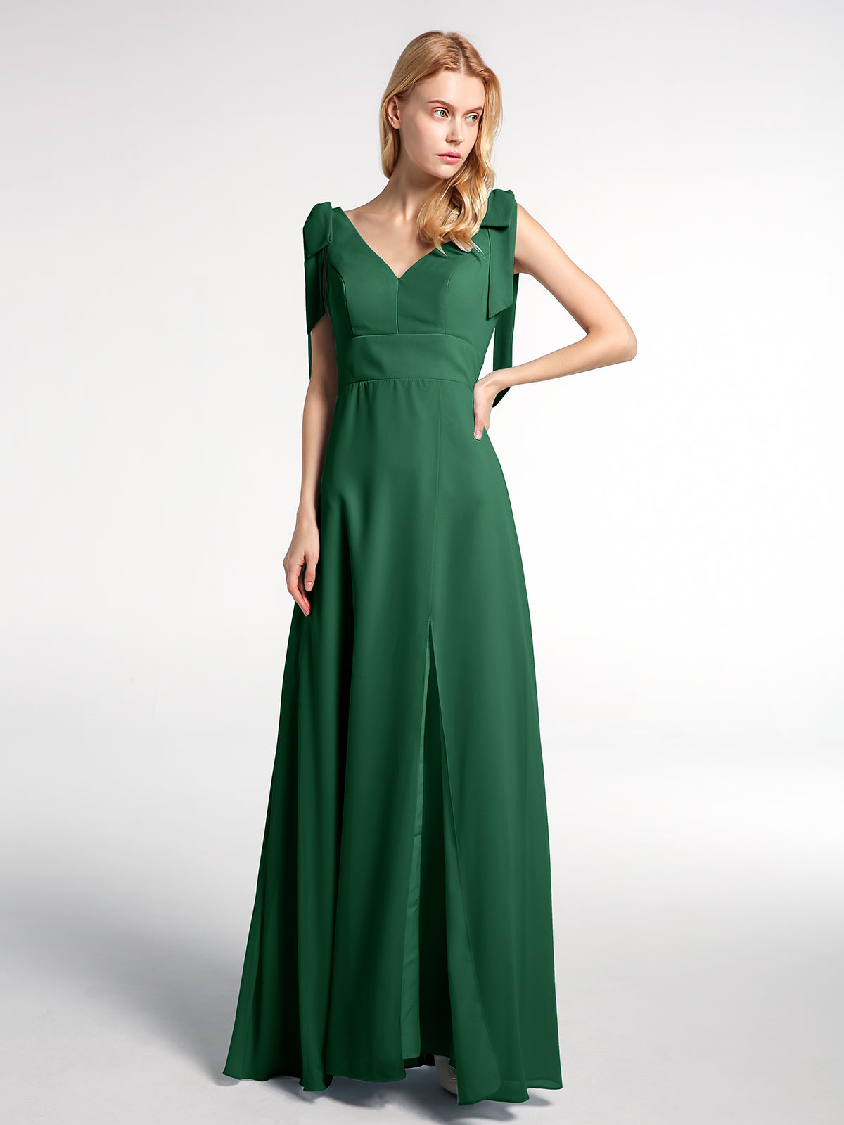 Bowed Flat Strap Chiffon Maxi with Front Slit-Dark Green