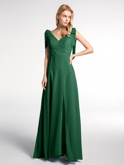 Bowed Flat Strap Chiffon Maxi with Front Slit-Dark Green
