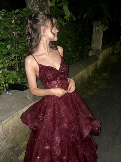 Navy Blue A Line Formal Outfit Tiered Tulle Long Prom Evening Gown