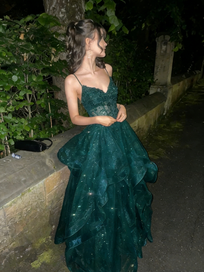 Navy Blue A Line Formal Outfit Tiered Tulle Long Prom Evening Gown