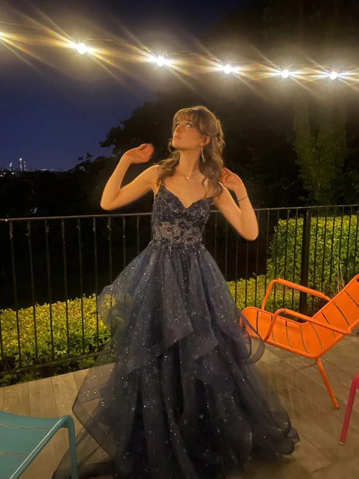 Navy Blue A Line Formal Outfit Tiered Tulle Long Prom Evening Gown