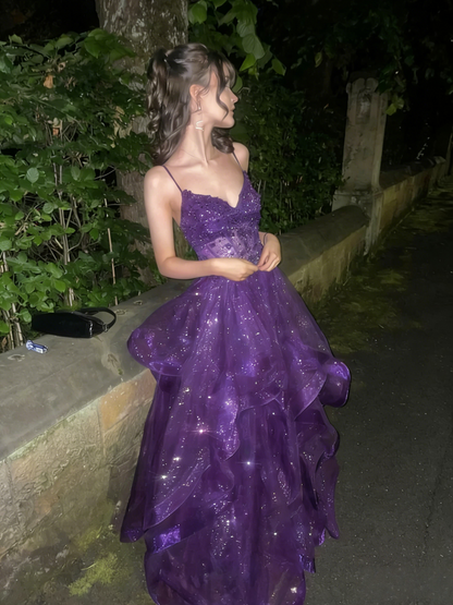 Navy Blue A Line Formal Outfit Tiered Tulle Long Prom Evening Gown