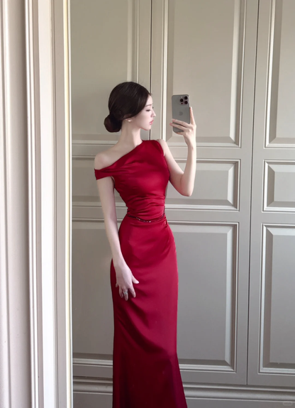 Elegant Burgundy Mermaid Maxi Dresses Satin Long Prom Dress