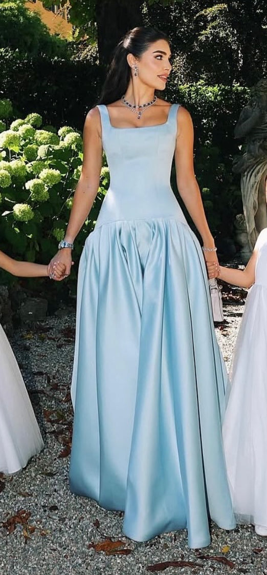 Fancy Blue Satin Formal Dresses Long Backless Grad Dress