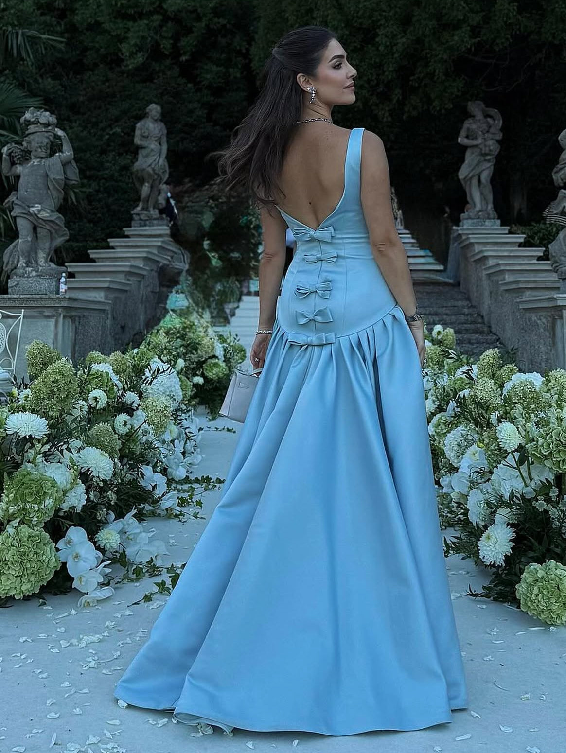 Fancy Blue Satin Formal Dresses Long Backless Grad Dress