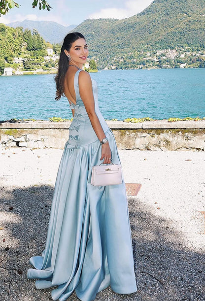 Fancy Blue Satin Formal Dresses Long Backless Grad Dress