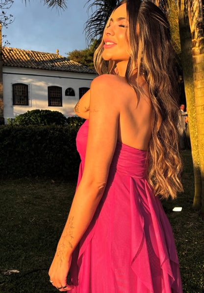 Strapless Fuchsia Long Prom Dress Casual Chiffon Wedding Guest Dresses