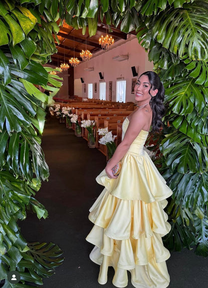 Strapless A Line Yellow Layered Long Prom Dress Formal Graduation Dresses