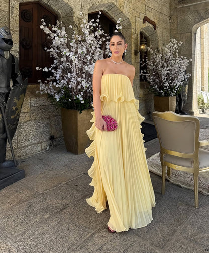 Strapless Yellow A Line Chiffon Prom Dress Pleated Evening Gown Woman Elegant