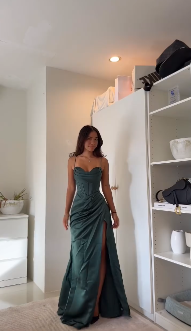 Dark Green Satin Long Prom Gown Side Slit Formal Evening Dresses
