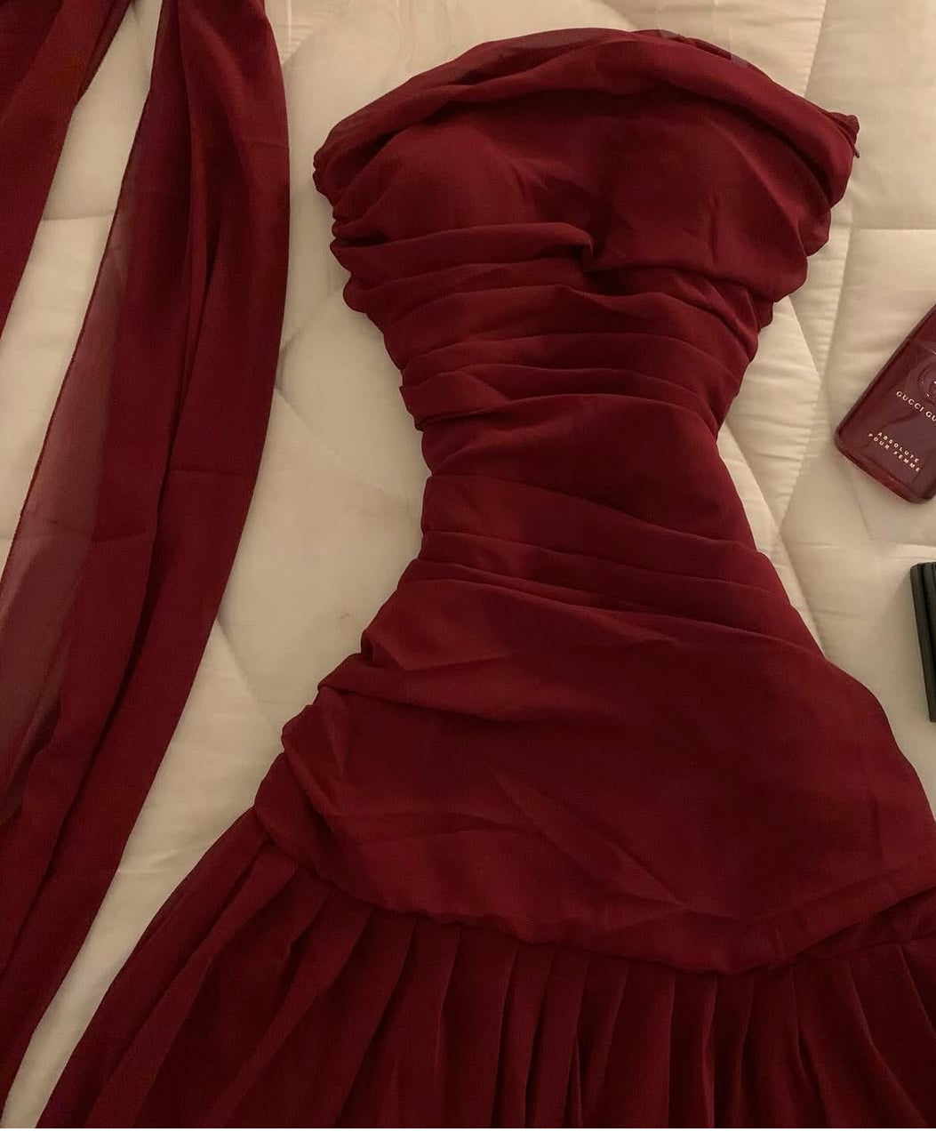 Strapless Burgundy Prom Dress Chiffon Formal Party Dresses