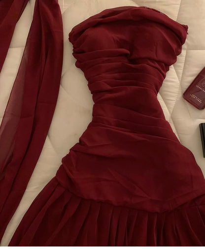 Strapless Burgundy Prom Dress Chiffon Formal Party Dresses