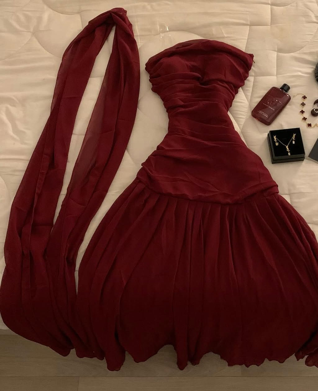 Strapless Burgundy Prom Dress Chiffon Formal Party Dresses