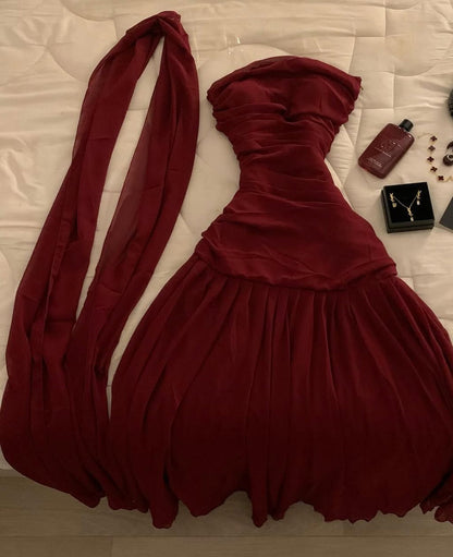 Strapless Burgundy Prom Dress Chiffon Formal Party Dresses