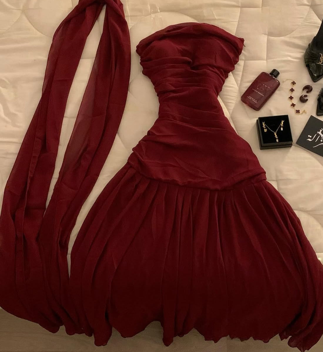 Strapless Burgundy Prom Dress Chiffon Formal Party Dresses
