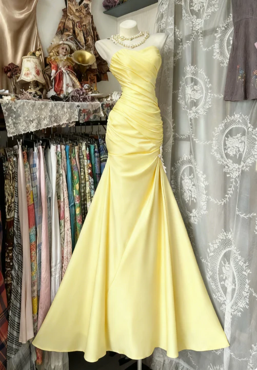 Sweetheart Mermaid Satin Long Prom Dresses Yellow Tight Party Outfits