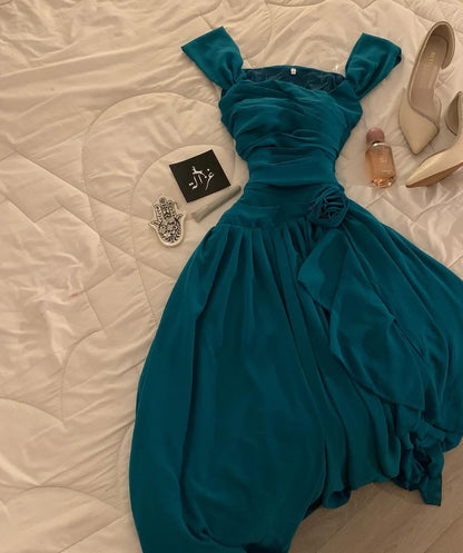A Line Chiffon Teal Prom Dress Formal Wedding Guest Dresses