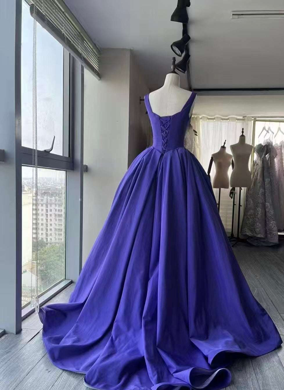A Line Purple Satin Prom Dress Ball Gown Corset Formal Gown with Train