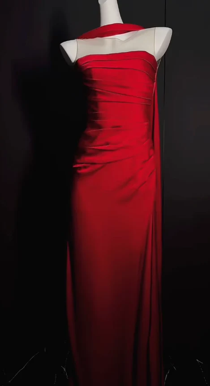 Red Fitted Prom Dress Long Open Back Evning Outfit with Scarf