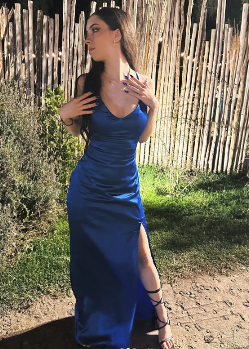 Spaghetti Strap Sheath Long Prom Dress Satin Navy Blue Evening Dresses with Slit