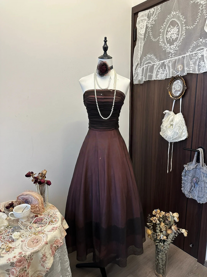 Vintage Strapless A Line Prom Dress Brown Formal Evening Party Outfit