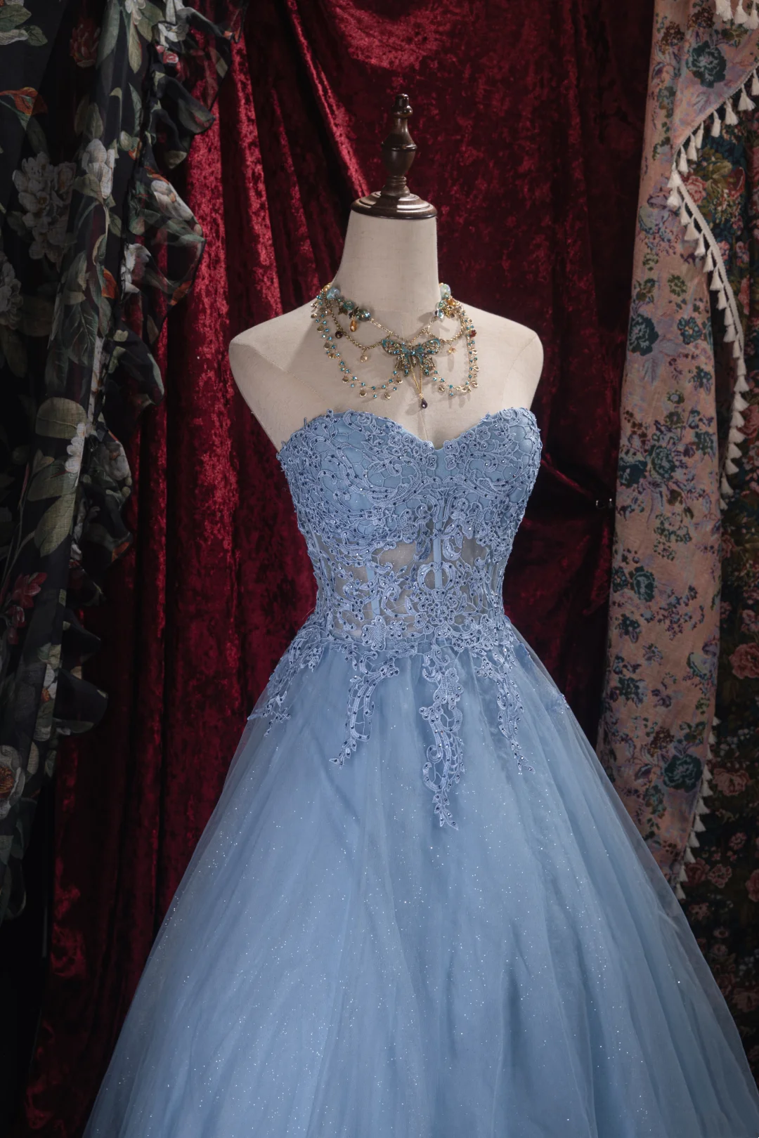 Sweetheart A Line Blue Tulle Prom Dress Applique Formal Party Dresses