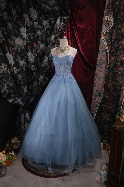 Sweetheart A Line Blue Tulle Prom Dress Applique Formal Party Dresses
