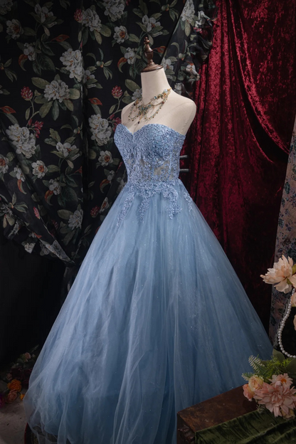 Sweetheart A Line Blue Tulle Prom Dress Applique Formal Party Dresses