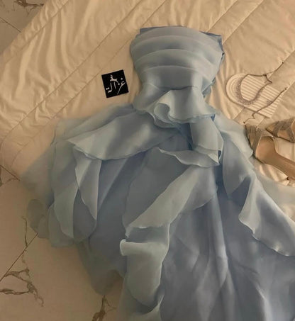 Strapless Sky Blue Prom Dress Ruffled A Line Formal Gown