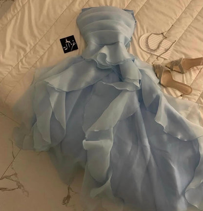 Strapless Sky Blue Prom Dress Ruffled A Line Formal Gown