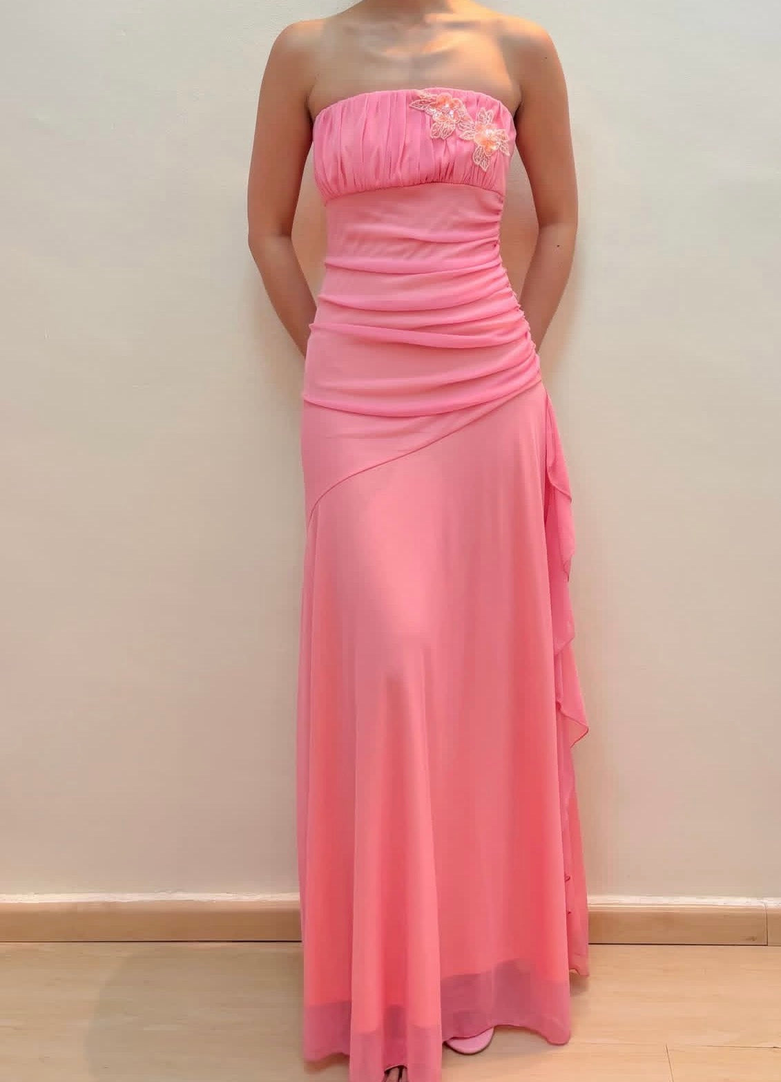Strapless Sheath Pink Prom Dress Ruched A Line Chiffon Party Dresses