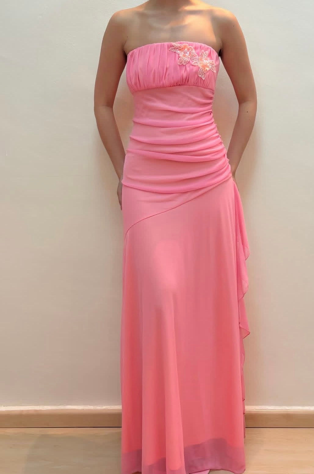 Strapless Sheath Pink Prom Dress Ruched A Line Chiffon Party Dresses